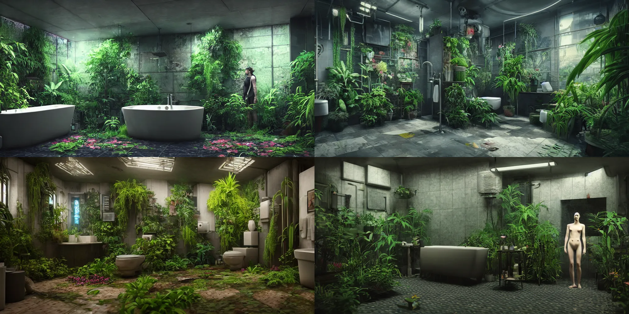Prompt: a bathroom with a lot of plants inside of it, cyberpunk art by gregory crewdson, unsplash, ecological art, reimagined by industrial light and magic, rendered in unreal engine, diorama