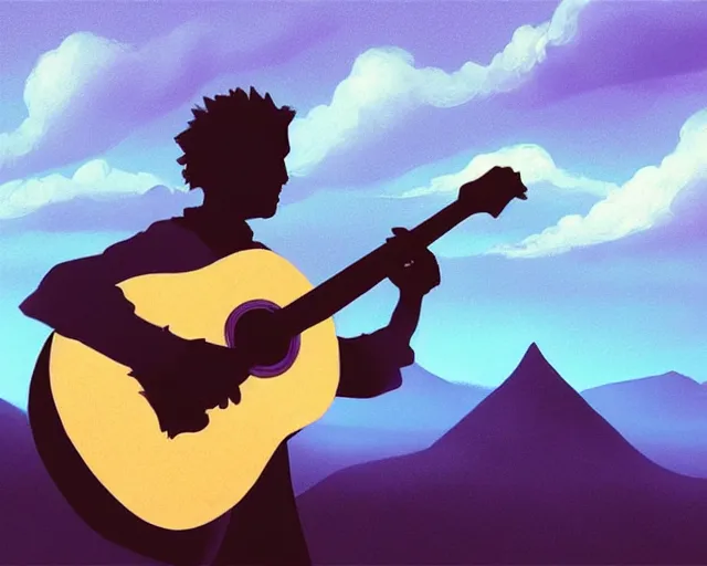 Image similar to A slightly silhouetted figure of a man with a guitar, clouds that look like mountains high in the sky, the clouds are a deep blue purple color with the sun blazing behind the clouds, deep focus, D&D, fantasy, intricate, elegant, highly detailed, digital painting, artstation, concept art, matte, sharp focus, illustration, hearthstone, art by Andreas Rocha and Esao Andrews