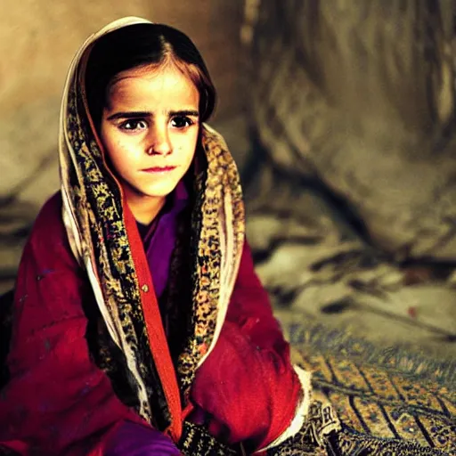 Prompt: photo of emma watson, afghan girl, award - winning photo by national geographic