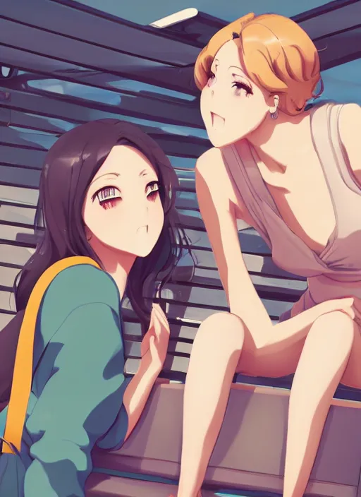 Prompt: two beautiful mature women waiting at a bus stop, summer clothes, gorgeous faces, thick lines, cinematic lighting, detailed anime art