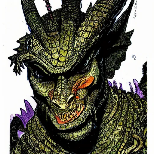 Prompt: portrait of dragon from shrek by Philippe Druillet