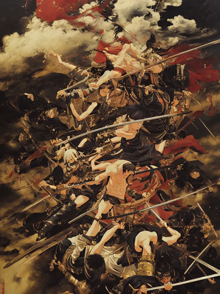 Image similar to baroque oil painting of key visual large scale samurai battle, akira kurosawa, brutalist fantasy, rule of thirds golden ratio, fake detail, trending pixiv fanbox, acrylic palette knife, style of makoto shinkai ghibli takashi takeuchi yoshiyuki sadamoto jamie wyeth james gilleard greg rutkowski chiho aoshima