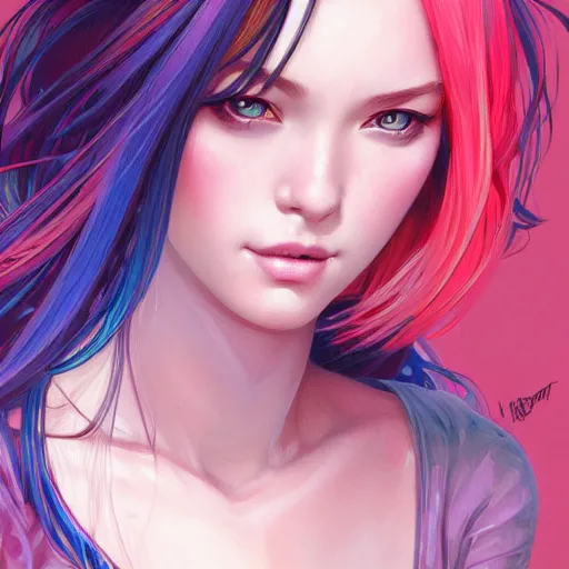 Image similar to portrait of beautiful symmetrical anime girl, rainbow hair, attractive, casual, modern, victoria's secret, highly detailed, digital painting, artstation, concept art, smooth, sharp focus, illustration, art by artgerm, greg rutkowski and alphonse mucha, 8 k,