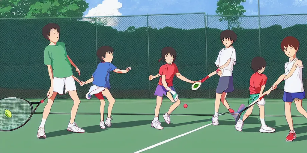 Image similar to digital art of anatomically correct kids playing tennis by studio ghibli