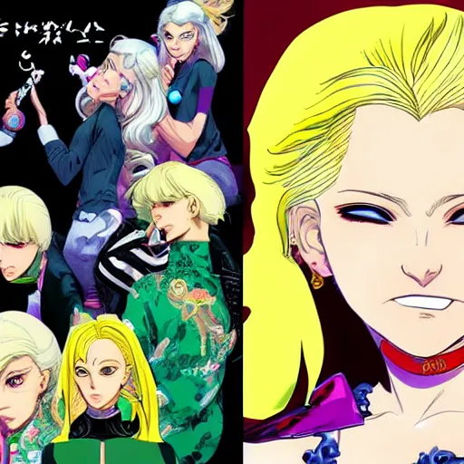 Prompt: blonde girl smiling, JoJo cover art, style of Vento Aureo cover art, style of Stone Ocean cover art, style of Steel Ball Run cover art, style of JoJolion cover art, illustrated by Hirohiko Araki