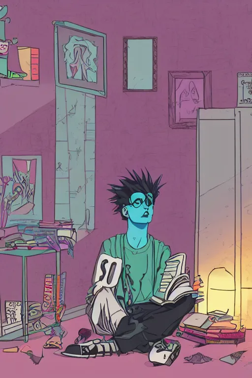 Prompt: goth guy sitting on the floor of a cluttered 9 0 s bedroom reading a book, vaporwave colors, lo - fi, concept art, smooth, detailed, toon shading, cel shading, animation, 4 k, hd,