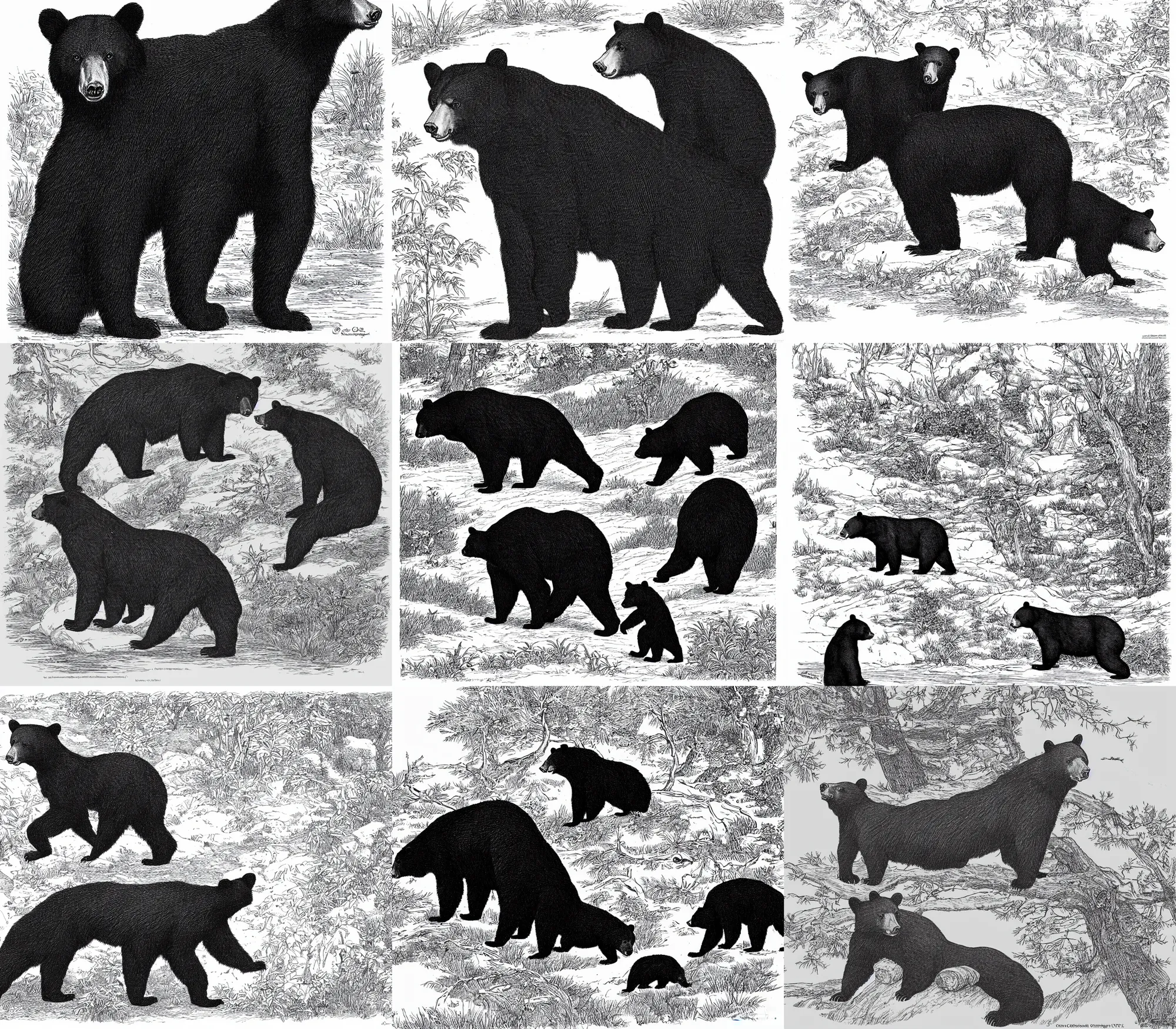 Prompt: black bear alone against a white background, by Currier and Ives, coloring book page, black and white, pen & ink drawing