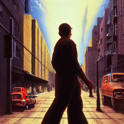 Image similar to a man is followed through the lower east side by strange figures he can only half - see. high quality high detail painting by david mattingly and ralph mcquarrie and richard corben, hd, realistic matte painting, photorealistic lighting, modern supernatural urban horror