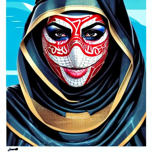 Image similar to a portrait of a saudi woman wearing a diver suit and mask with side profile blood in ocean intricate details by MARVEL comics and Sandra Chevrier-C