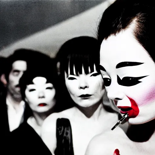 Image similar to Street photography, Bjork, a close up of several people leaving a seedy nightclub at 5am, they are smoking, someone is screaming, Kabuki makeup, Kodachrome