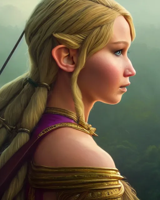 Image similar to highly detailed surreal vfx portrait of jennifer lawrence as princess zelda, stephen bliss, unreal engine, greg rutkowski, loish, rhads, beeple, makoto shinkai and lois van baarle, ilya kuvshinov, rossdraws, tom bagshaw, alphonse mucha, global illumination, detailed and intricate environment