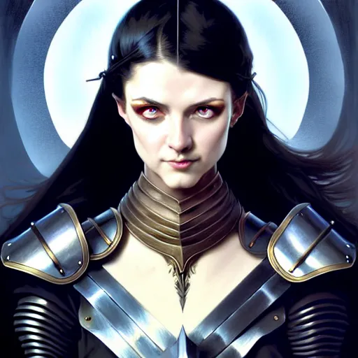 Image similar to portrait, woman dressed in plate armor with black hair and blue eyes wielding a greatsword, elegant, digital illustration, fire magic, detailed, intricate, sharp focus, digital painting, deep focus, digital painting, artstation, concept art, matte, art by artgerm and greg rutkowski and alphonse mucha