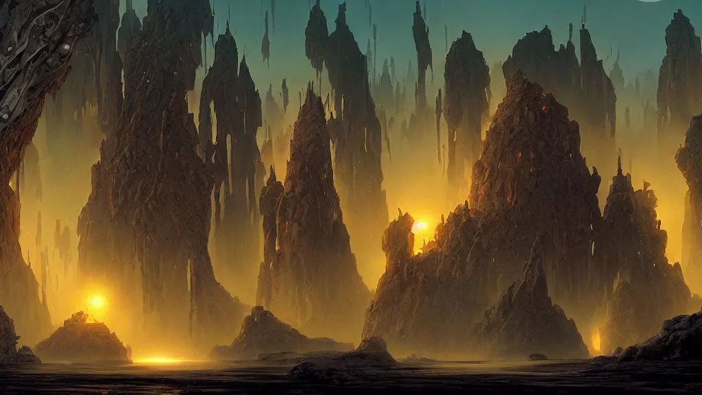 Image similar to eerie atmospheric alien worlds by michael whelan and stephan martiniere, epic cinematic matte painting