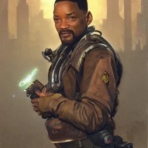 Prompt: Will Smith as a trader character in Fallout 4, gorgeous, beautiful, intricate, highly detailed, digital painting, artstation, oppressive lighting, concept art, sharp focus, illustration, art by greg rutkowski and alphonse mucha