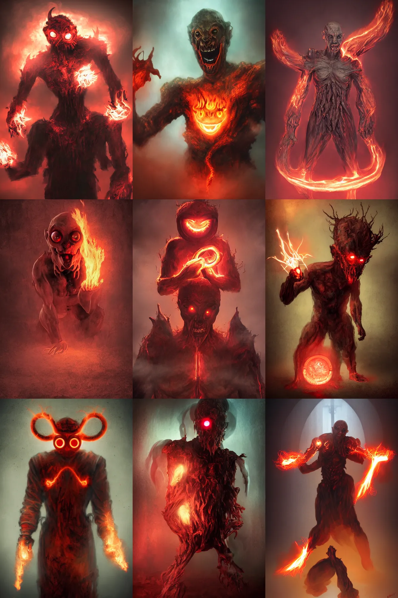 Prompt: character portrait of a humanoid demonic monster with glowing fire eyes and a glowing mouth doing a henshin pose, matte painting, dramatic lighting, digital painting, concept art, muted colors, red colors, mist floats in the air, moody colors, rusted walls, broken pipes, church cathedral, in the style of frank frazetta