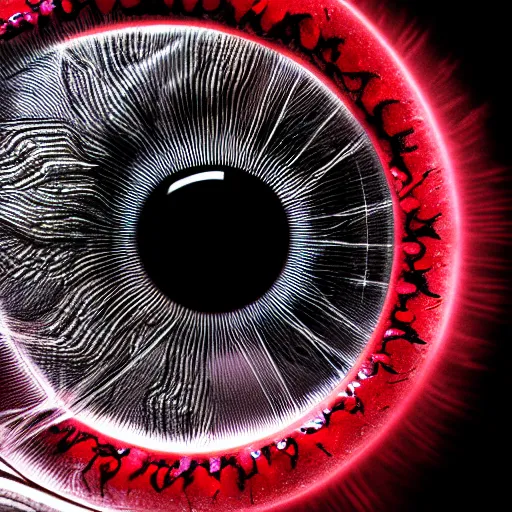 Image similar to a detailed extremely close up of inside the iris, cornea, red image, microscopic, extremely close up drawing by junji ito, cgsociety, generative art, lovecraftian, parallax, cosmic horror, extremely detailed, hyperrealism, unreal engine, octane render, award winning, masterpiece, highly detailed, realistic, 4 k, digital