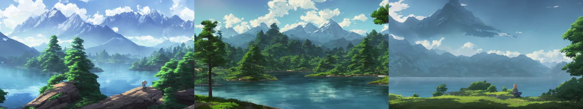 Prompt: mountains, trees, and lake, by makoto shinkai