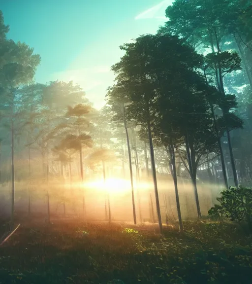 Prompt: daydreaming of the sun glares, fluidity transparent dance of the blockchain sheets, cyberpunk forest, majestic light, octane render, beauty fog, ethereal glare of the sun, raining rainbow, volumetric lighting, hyperealistic, epic, masterpiece