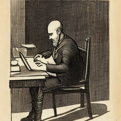 Image similar to a man sitting at a desk typing on the typewriter, old english sketch drawing