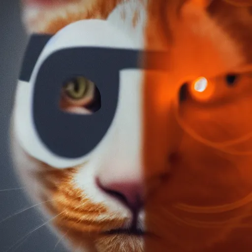 Image similar to high quality photo of a man in a police officer uniform wearing a latex mask of a realistic looking orange/white tabby cat on a dark bg, lit from below by James Jean, natural lighting