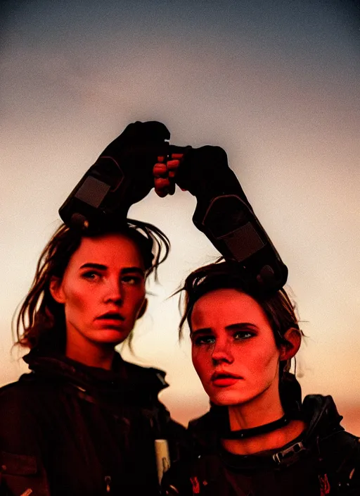 Image similar to cinestill 5 0 d photographic portrait of two sultry loving female androids wearing rugged black techwear on a desolate plain with a red sky, extreme closeup, cyberpunk style, garters, dust storm, 8 k, hd, high resolution, 3 5 mm, f / 3 2, ultra realistic faces, ex machina