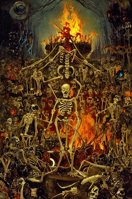 Prompt: a skeleton taming a blazing fire made of souls, channeling third eye energy, surrounded by a background of dark cyber mystic garden of earthly delights, midnight hour, painted part by wojciech siudmak, part by ilya repin, part by norman rockwell, part by hype williams, artstation
