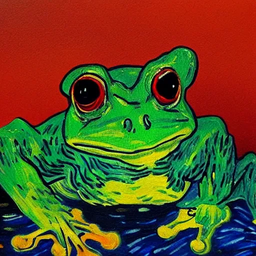 Prompt: a painting on a frog at sunset, Van Gogh style