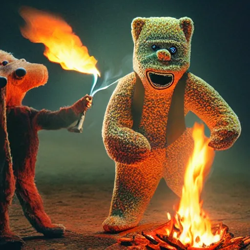 Prompt: UHD candid photo of Cosmic Cornholio torching Smokey The Bear on fire, UHD, photorealistic, correct face, photo by Annie Leibowitz