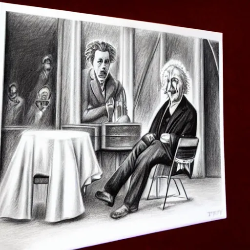 Image similar to Einstein and Tesla sitting at cafe, pencil drawing, ultra detailed