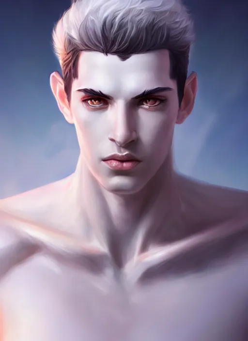 Image similar to the god hermes, white skin, male, portrait, sharp focus, digital art, concept art, dynamic lighting, subsurface scattering, photoreal, trending on artstation, by emylie boivin and rossdraws