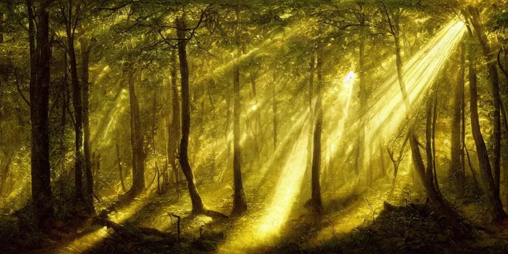 Prompt: a bright oil painting of a forest with rays of light coming through the canopy; masterpiece; extremely-detailed; by Carravaggio