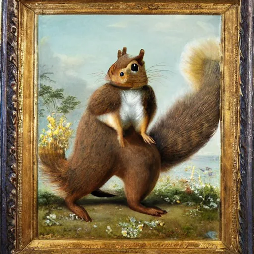 Image similar to a giant fluffy squirrel carrying napoleon bonaparte on its back, beach scene, flowers and foliage, detailed oil painting