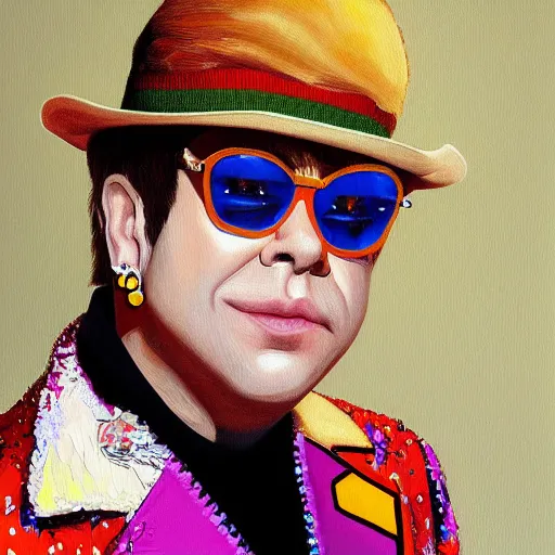 Prompt: Elton John 1970 fashion, gucci catwalk, oil painting, digital art, ultradetailed, artstation