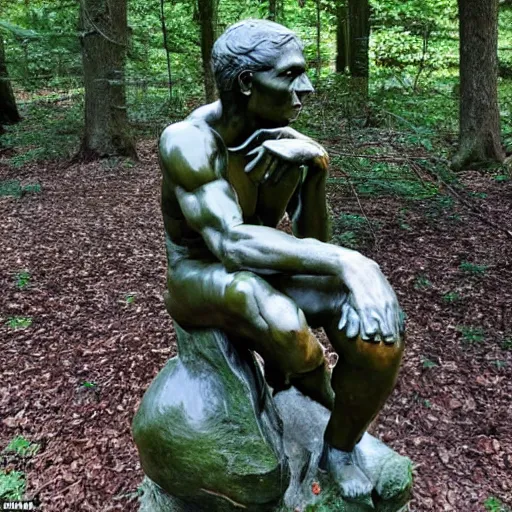 Prompt: The thinker sculpture in the style of William Bartram with mushrooms at the base, slightly buried in the forest