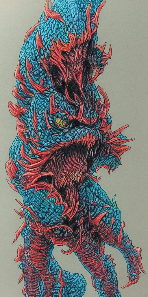 Image similar to a kaiju figurine super detailed colored pencil drawing with fluo colors