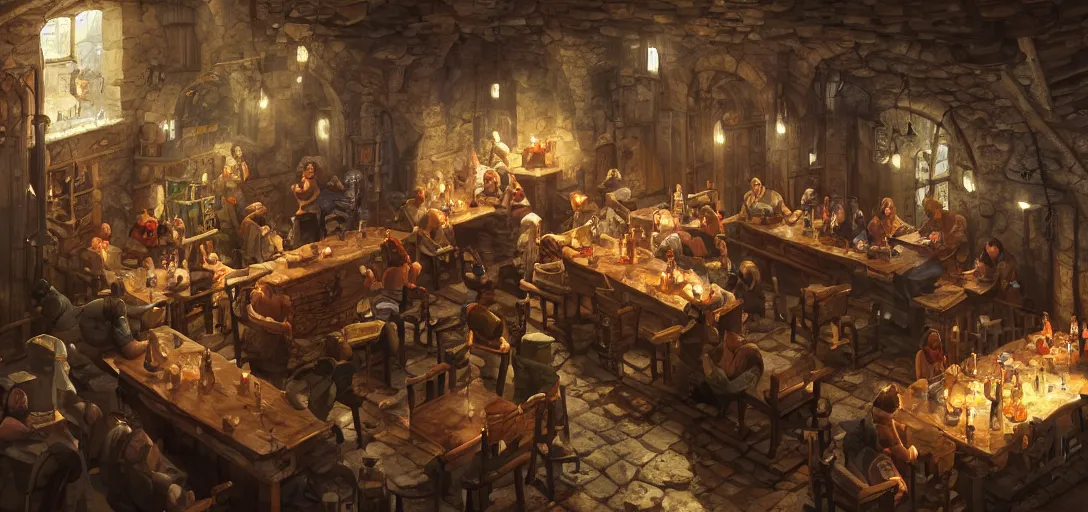 Image similar to medieval tavern, isometric view, game art, game dev, concept, extremely high detail, photo realistic, cinematic lighting, post processed, concept art, artstation, matte painting, style by eddie mendoza, raphael lacoste, alex ross