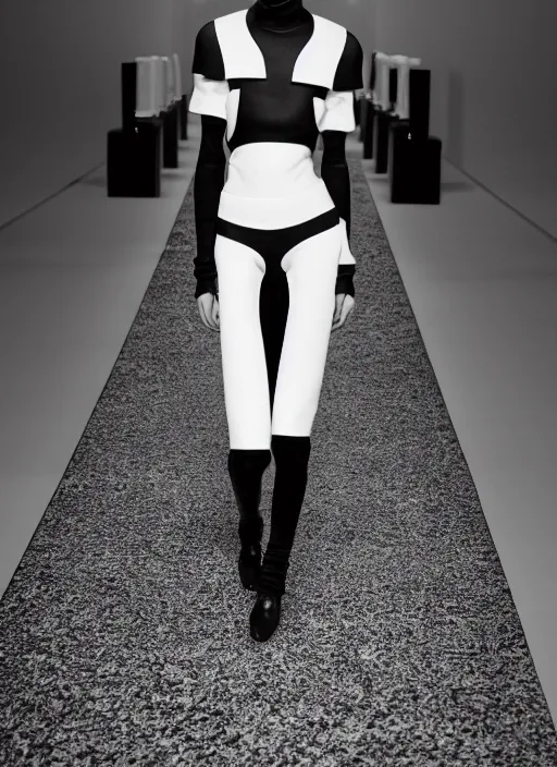 Image similar to still photo of balenciaga fashion show cat walk, black and white color aesthetic, highly detailed, photorealistic portrait, bright studio setting, studio lighting, crisp quality and light reflections, unreal engine 5 quality render