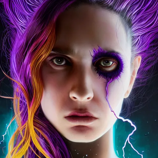 Image similar to detailed photo portrait of a furious teen girl with thin, hair-like purple tentacles on her head and bright purple eyes, 8k,by tristan eaton, Stanley Artgermm,Tom Bagshaw,Greg Rutkowski,Carne Griffiths,trending on DeviantArt, face enhance,hyper detailed ,full of colour, dramatic lightning