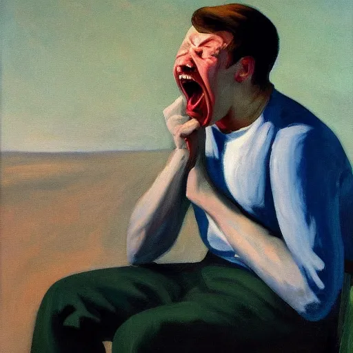 Prompt: a painting of a man screaming because of his sadness, the background is a blue sky with clouds, Edward hopper, 4k,
