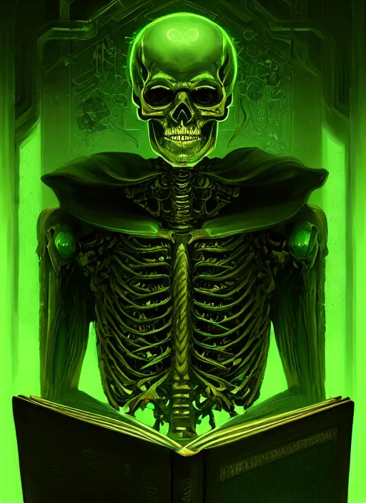 Prompt: portrait of a cyber skeleton, writing ancient evil runes with glowing green ink in a grand ancient book, intricate, elegant, glowing lights, highly detailed, digital painting, artstation, concept art, smooth, sharp focus, illustration, art by wlop, mars ravelo and greg rutkowski