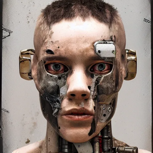 Image similar to mugshot photo of an ugly criminal, cyborg, (((high tech, cyberpunk))), by cy Twombly and BASTIEN LECOUFFE DEHARME, ((very coherent symmetrical artwork, cinematic, hyper realism, high detail, octane render, unreal engine, 8k))