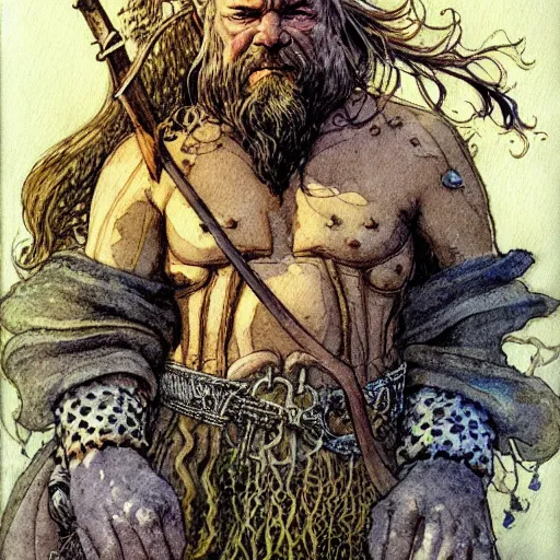 Image similar to a realistic and atmospheric watercolour fantasy character concept art portrait of urho kekkonen as a druidic warrior wizard looking at the camera with an intelligent gaze by rebecca guay, michael kaluta, charles vess and jean moebius giraud