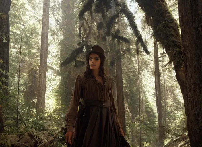 Image similar to First image from Paul Thomas Anderson's new film Big Sur, starring Sofia Boutella as a 19th century prospector. Cinematography by Michael Bauman, shot on Kodak Vision 200T. 8k print.