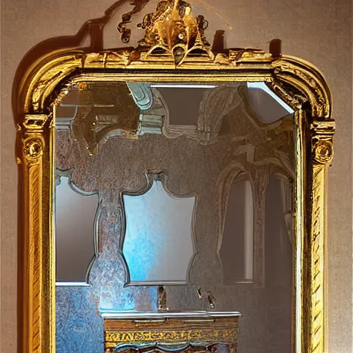 Prompt: castle interior with a magical mirror with silver frames floating around while shooting magic, digital art