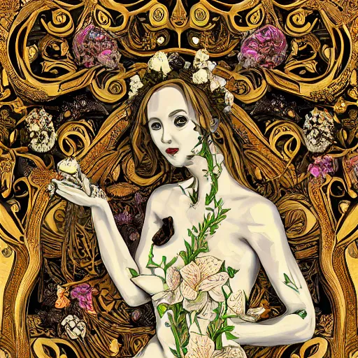 Image similar to a beautiful detailed front view baroque portrait of a rotten woman corpse with fractal plants and fractal flowers and mushrooms growing around, intricate, symmetrical, ornate, ornamentation, bones, in the style of art nouveau
