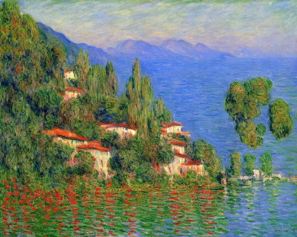 Prompt: beautiful landscape painting of Lake Como featuring a colorful shoreside villa by Monet.