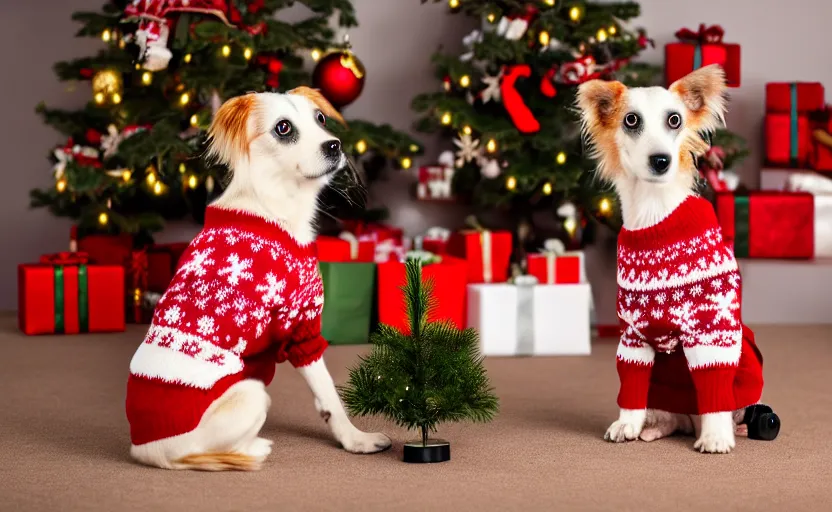 Prompt: studio photography of a dog wearing a woolen christmas sweater in front of a christmas tree, detailed face, cinematic lighting, 8 k