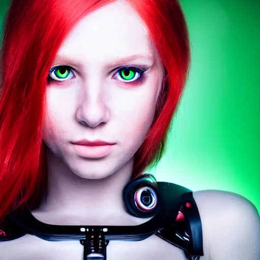 Image similar to a portrait of a beautiful cyborg girl, red hair, glowing green eyes,