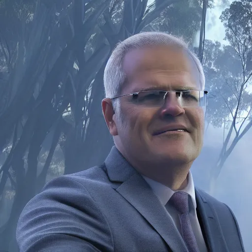 Image similar to Prime Minister Scott Morrison selfie by a bush fire, cinematic, hyper realism, high detail, vivid colors, octane render, unreal engine, 8k