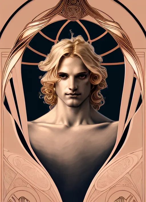 Image similar to smirking young god apollo, wavy blond hair, bright halo, glowing eyes, volumetric lights, rose gold scheme, art nouveau botanicals, gothic, intricate, highly detailed, digital painting, artstation, concept art, smooth, sharp focus, symmetric face, illustration, steampunk, art by artgerm and greg rutkowski and alphonse mucha